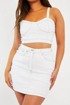 Rebellious Fashion White Contrast Stitch Bralet + Skirt Denim Co-ord - Divina