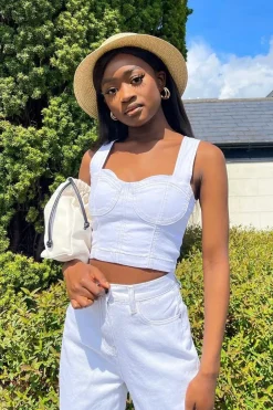 Rebellious Fashion White Contrast Stitch Corset Denim Crop Top - Makia