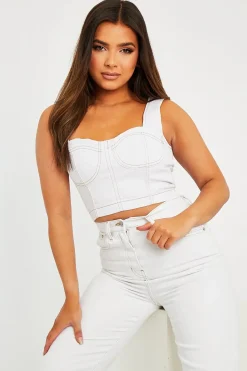 Rebellious Fashion White Contrast Stitch Corset Denim Crop Top - Makia