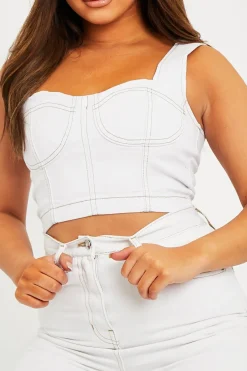 Rebellious Fashion White Contrast Stitch Corset Denim Crop Top - Makia
