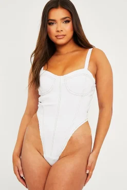 Rebellious Fashion White Contrast Stitch Denim Bodysuit - Jamelia