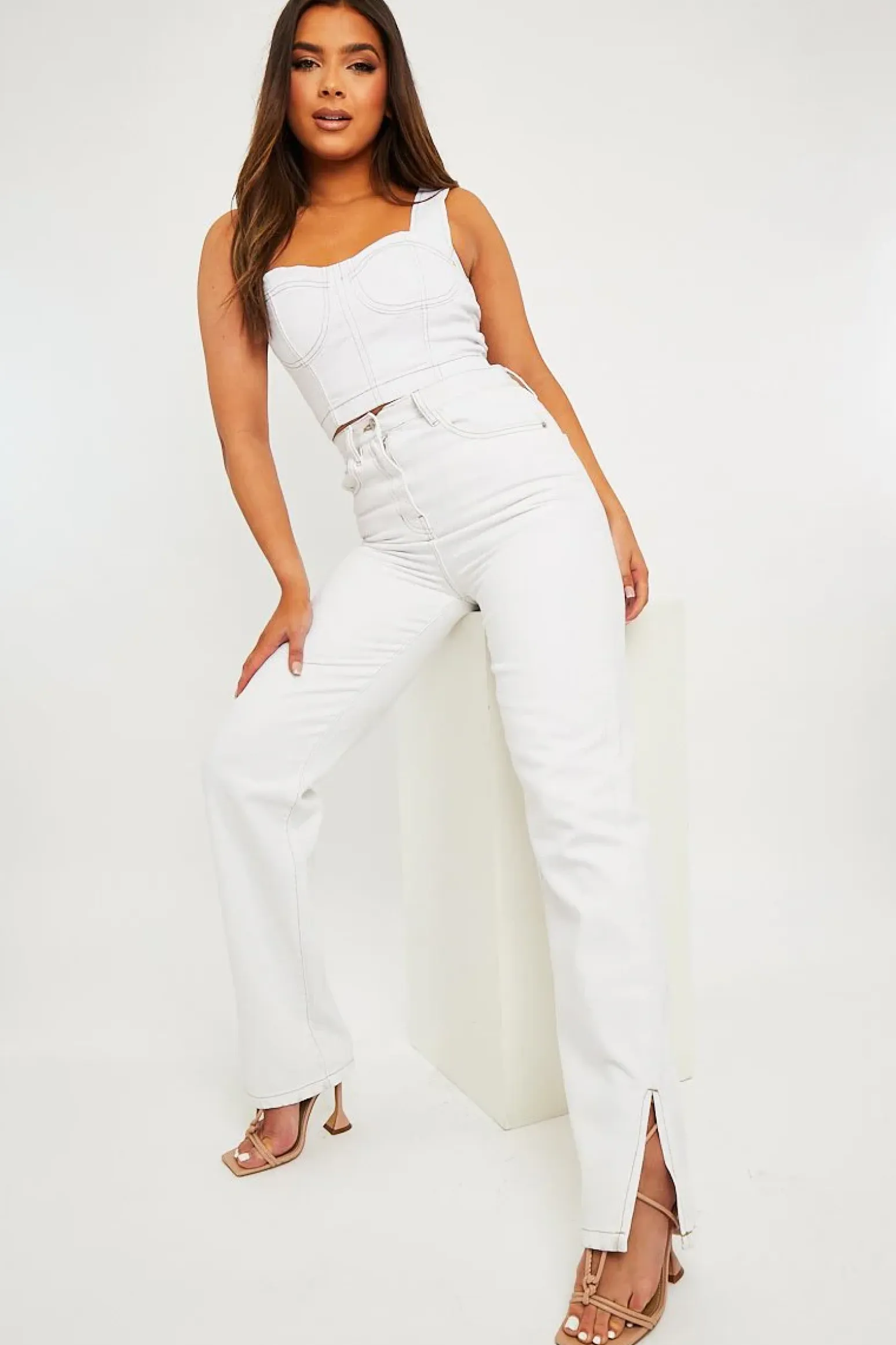 Rebellious Fashion White Contrast Stitch Denim Straight Leg Side Split Jeans - Tashi