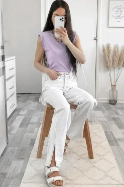 Rebellious Fashion White Contrast Stitch Denim Straight Leg Side Split Jeans - Tashi