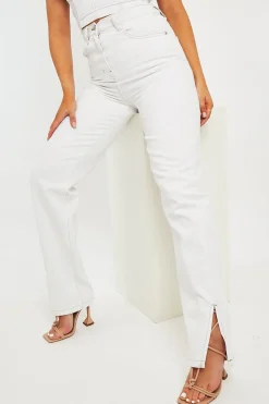Rebellious Fashion White Contrast Stitch Denim Straight Leg Side Split Jeans - Tashi
