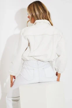 Rebellious Fashion White Contrast Stitch Elasticated Hem Denim Jacket - Danalee