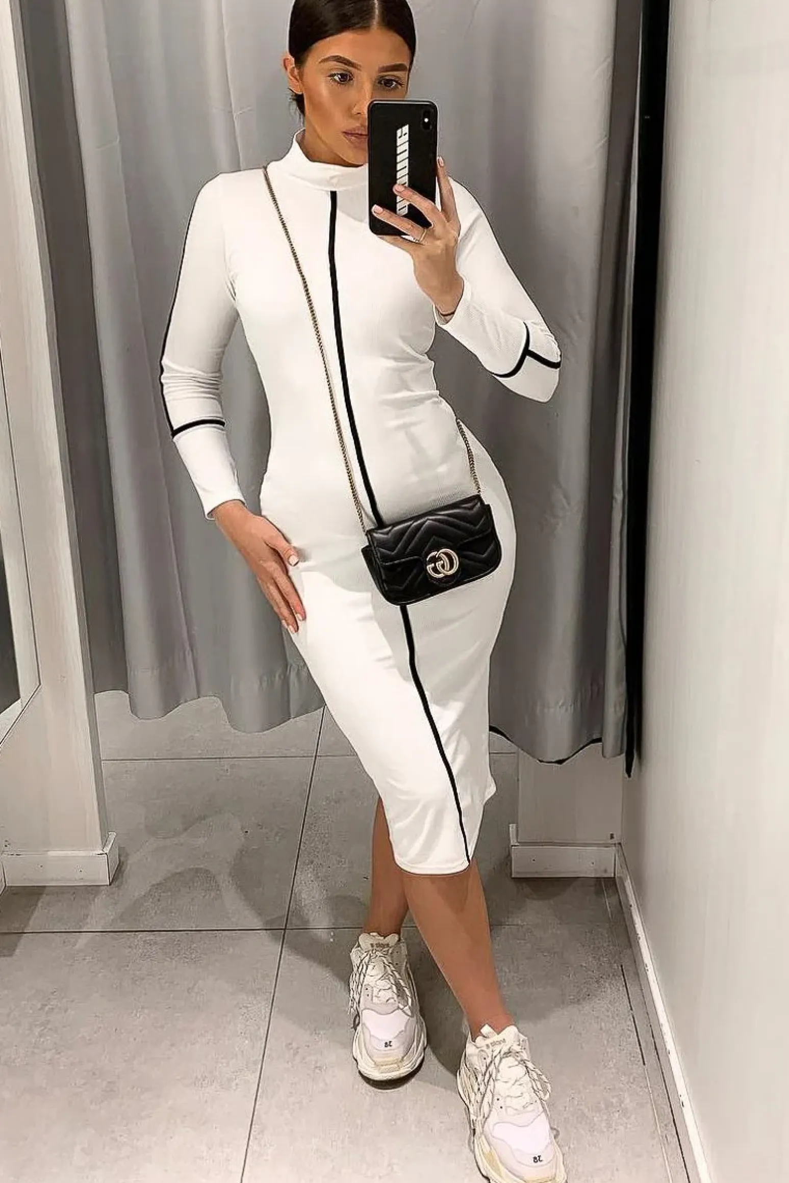 Rebellious Fashion White Contrast Stripe Detail High Neck Midi Dress - Niana