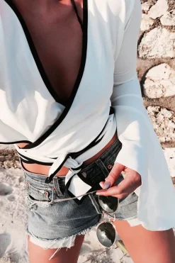 Rebellious Fashion White Contrast Trim Tie Front Crop Top - Jaxy