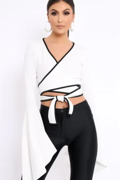 Rebellious Fashion White Contrast Trim Tie Front Crop Top - Jaxy