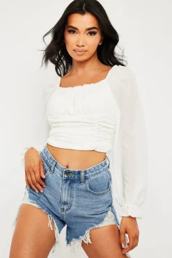 Rebellious Fashion White Crepe Ruched Panel Crop Top - Laurie
