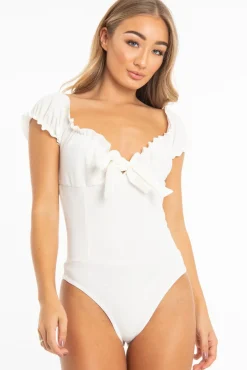 Rebellious Fashion White Crepe Ruffle Tie Front Bardot Bodysuit - Trixie