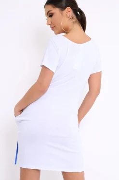 Rebellious Fashion White Crew Neck Girls Face T-shirt Dress with Tassels - Sway