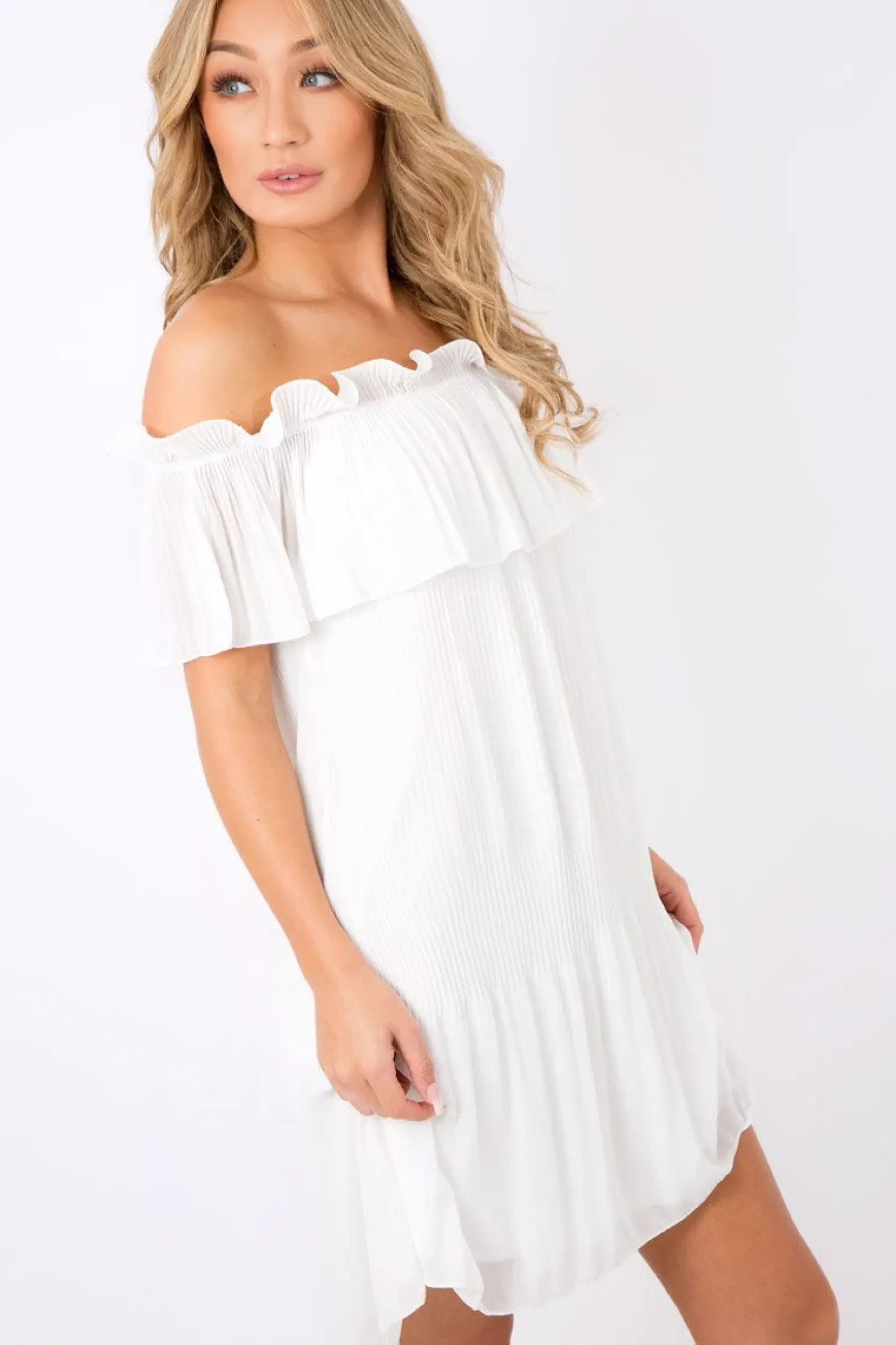 Rebellious Fashion White Crinkle Bardot Ruffle Trim Dress - Kelsey