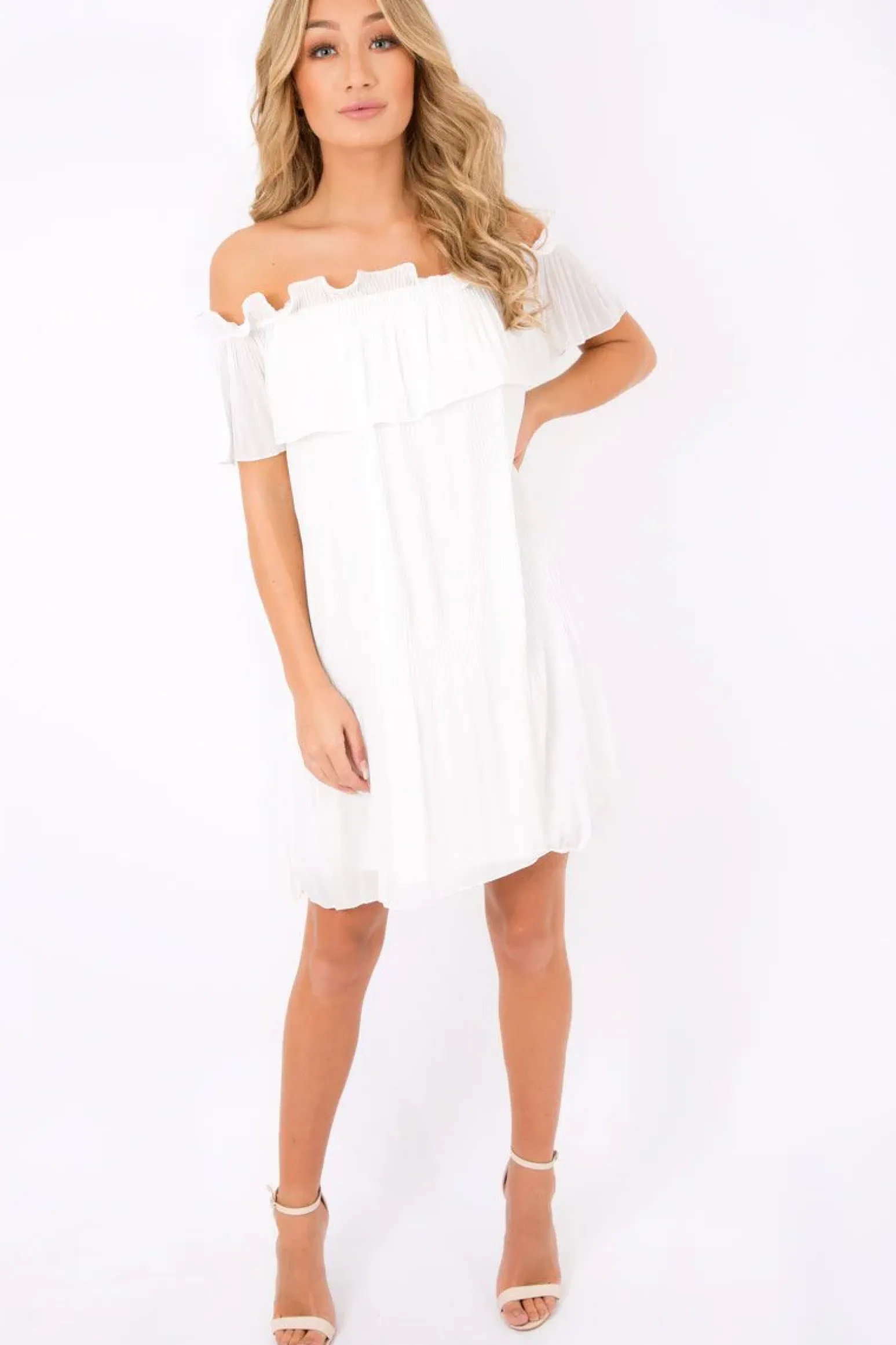 Rebellious Fashion White Crinkle Bardot Ruffle Trim Dress - Kelsey