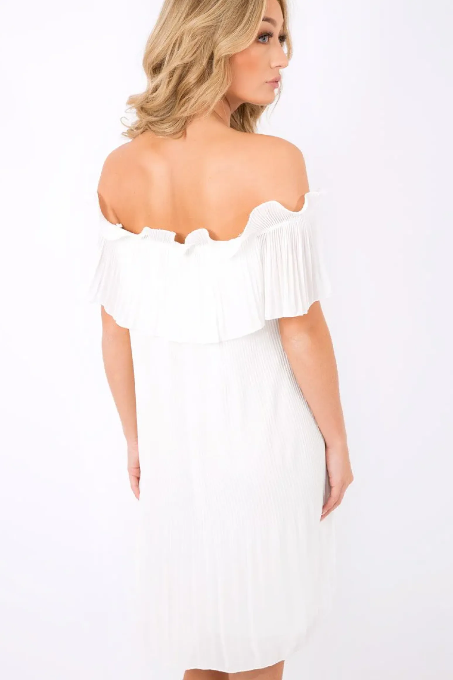 Rebellious Fashion White Crinkle Bardot Ruffle Trim Dress - Kelsey
