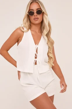 Rebellious Fashion White Crinkle Tie Front Top & Shorts Co-ord Set - Stephanie