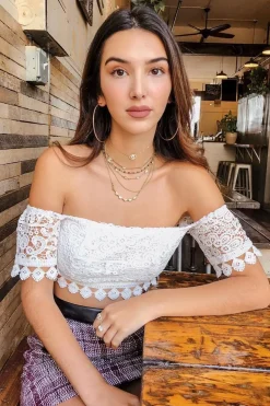 Rebellious Fashion White Crochet Bardot Cold Shoulder Crop Top - Aarshi