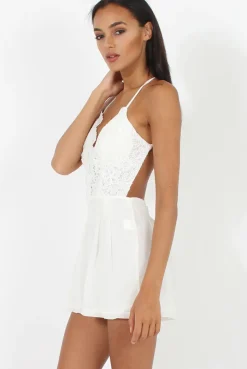 Rebellious Fashion White Crochet Cross Back Playsuit- Quinn