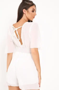 Rebellious Fashion White Crochet Plunge Playsuit -Moana