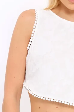 Rebellious Fashion White Crochet Trim Tie Back Crop Top - Amber
