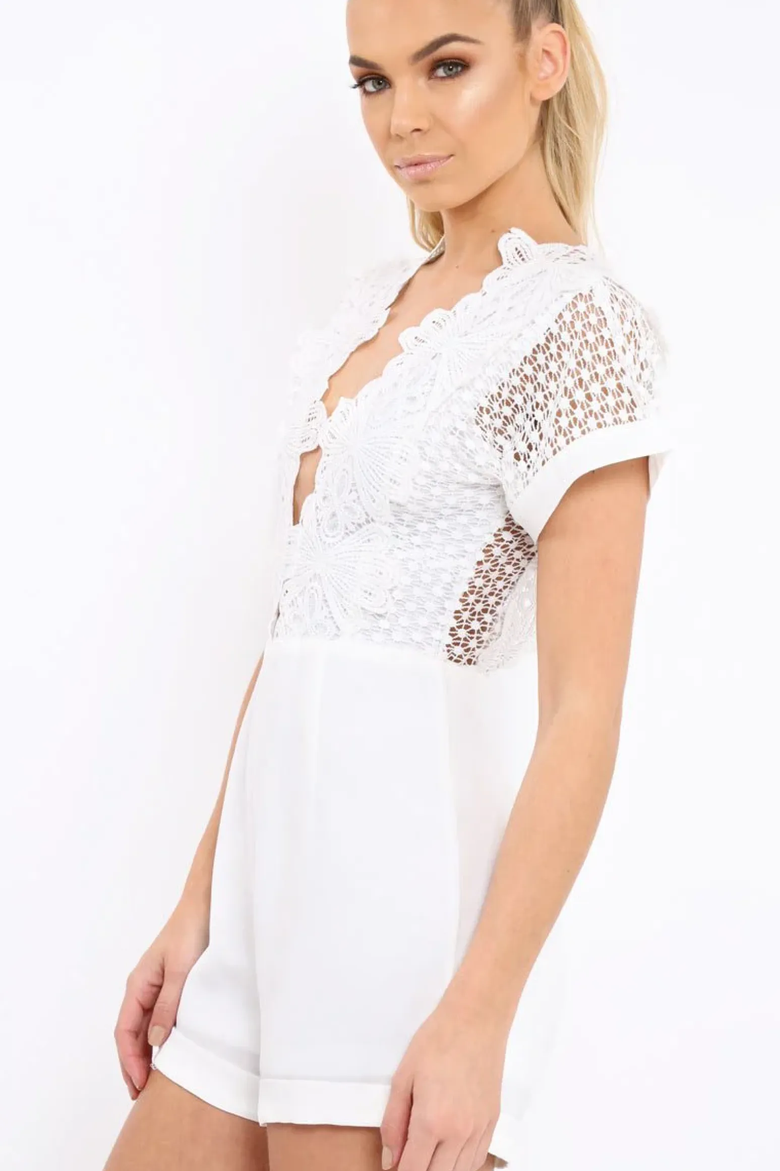 Rebellious Fashion White Crochet V Neck Playsuit - Tarlia