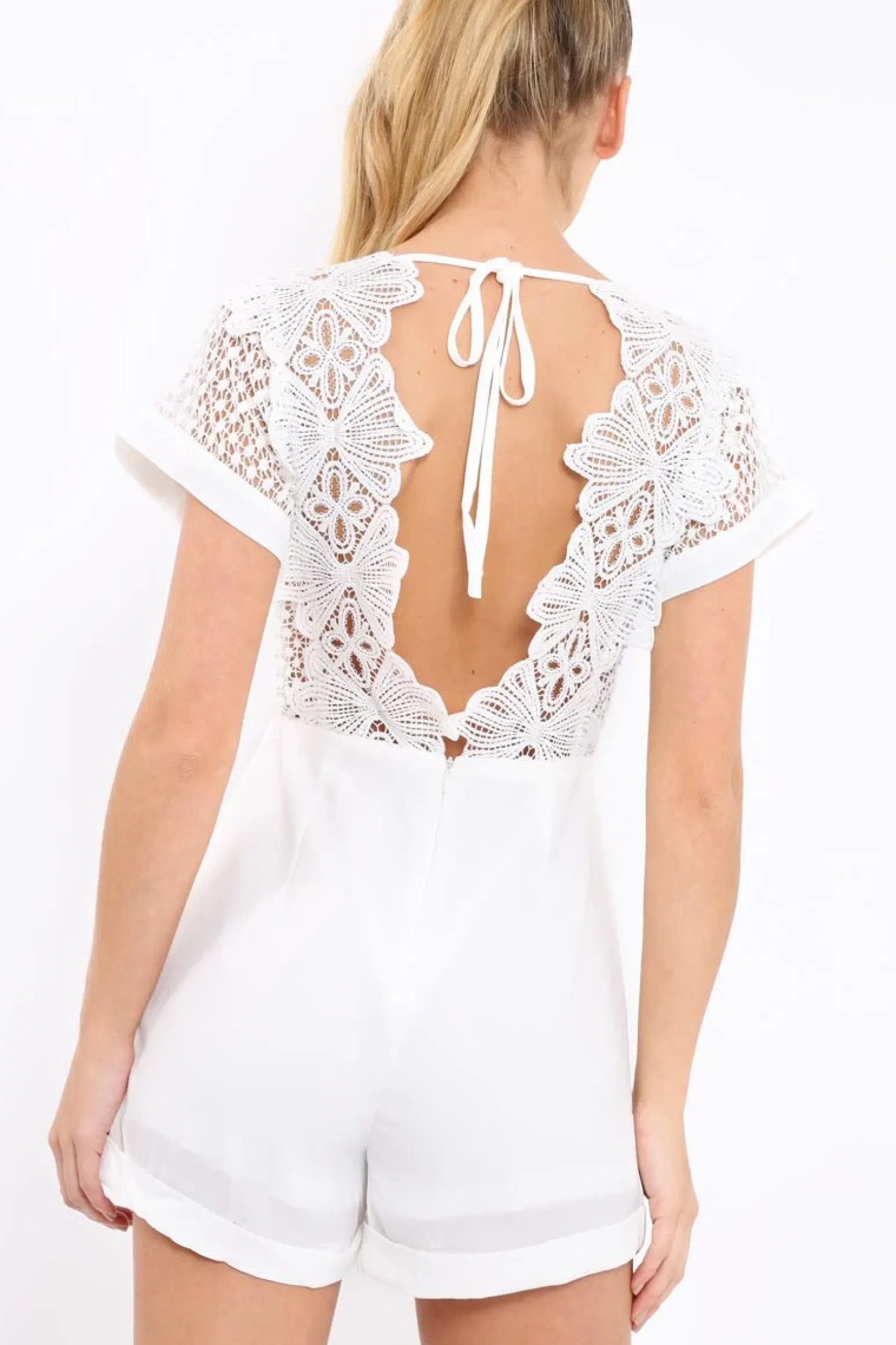 Rebellious Fashion White Crochet V Neck Playsuit - Tarlia