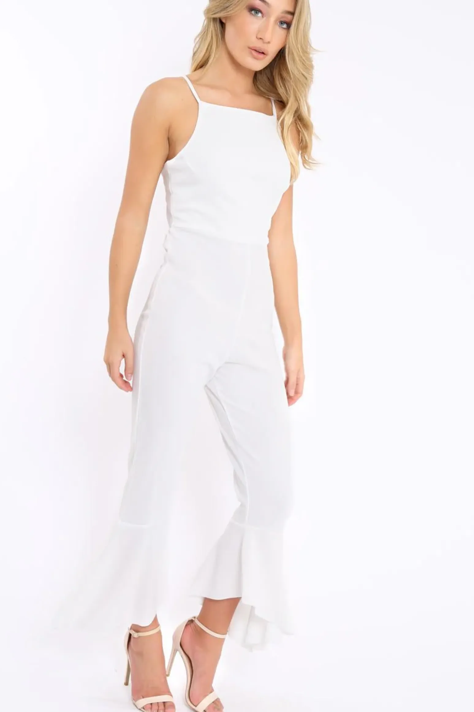 Rebellious Fashion White Cropped Frill Hem Jumpsuit - Sadey