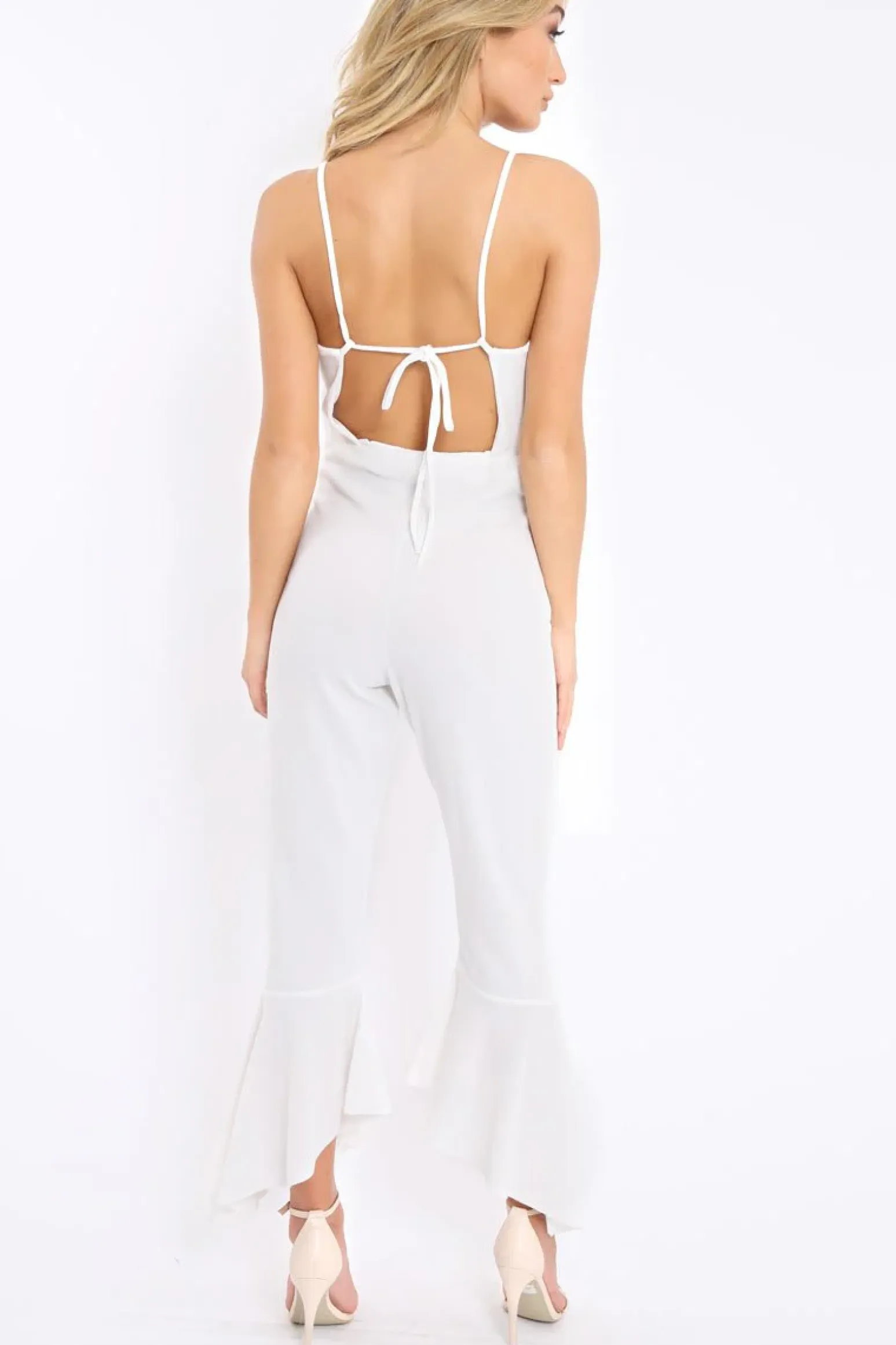 Rebellious Fashion White Cropped Frill Hem Jumpsuit - Sadey