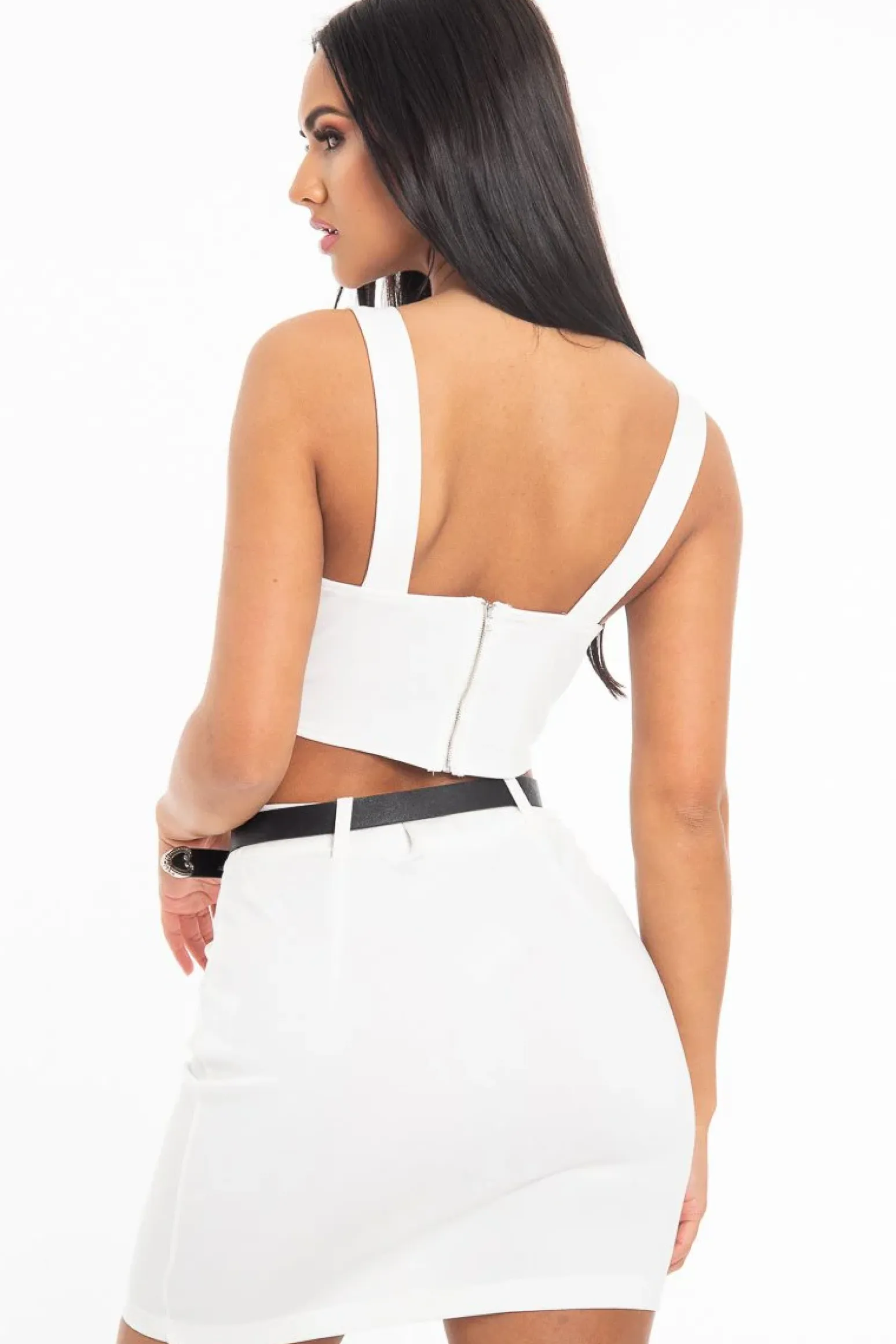 Rebellious Fashion White Crop Top Western Belt Skirt Co-Ord - Mindy