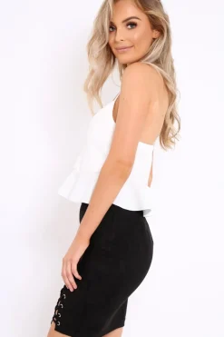 Rebellious Fashion White Cross Back Frill Hem Crop Top - Jess