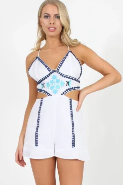 Rebellious Fashion White Cut Out Embroidered Playsuit - Raven
