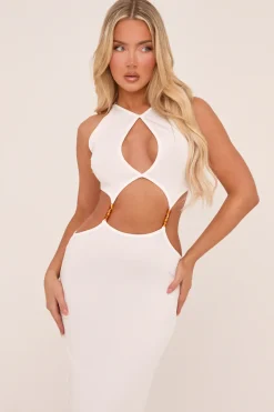 Rebellious Fashion White Cut Out Front Side Slit Maxi Dress - Oliva