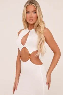 Rebellious Fashion White Cut Out Front Side Slit Maxi Dress - Oliva