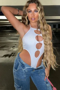 Rebellious Fashion White Cut Out Rib Knit Bodysuit - Elowen