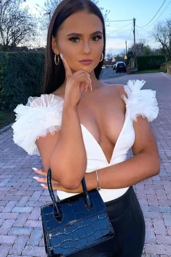 Rebellious Fashion White Deep Plunge Frill Shoulder Bodysuit - Danity