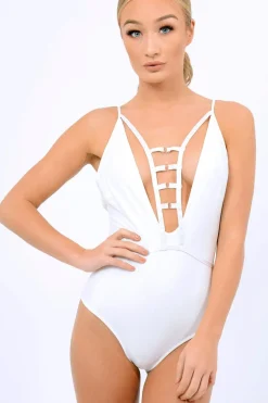 Rebellious Fashion White Deep Plunge Harness Swimsuit - Willow