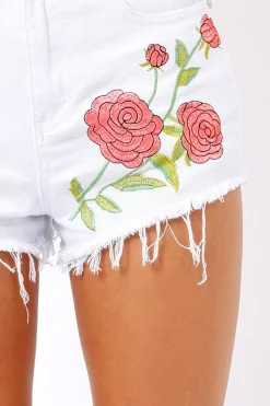 Rebellious Fashion White Denim Frayed Ripped Applique Shorts - Rayleigh