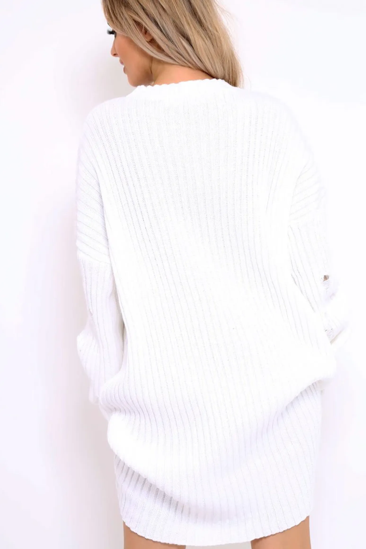 Rebellious Fashion White Distressed Cable Knit Jumper Dress - Abea