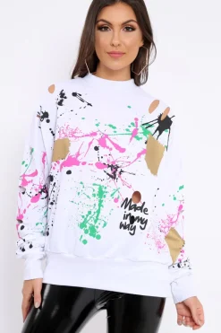 Rebellious Fashion White Distressed Paint Splatter Jumper - Mina