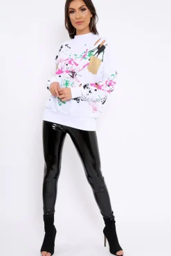 Rebellious Fashion White Distressed Paint Splatter Jumper - Mina