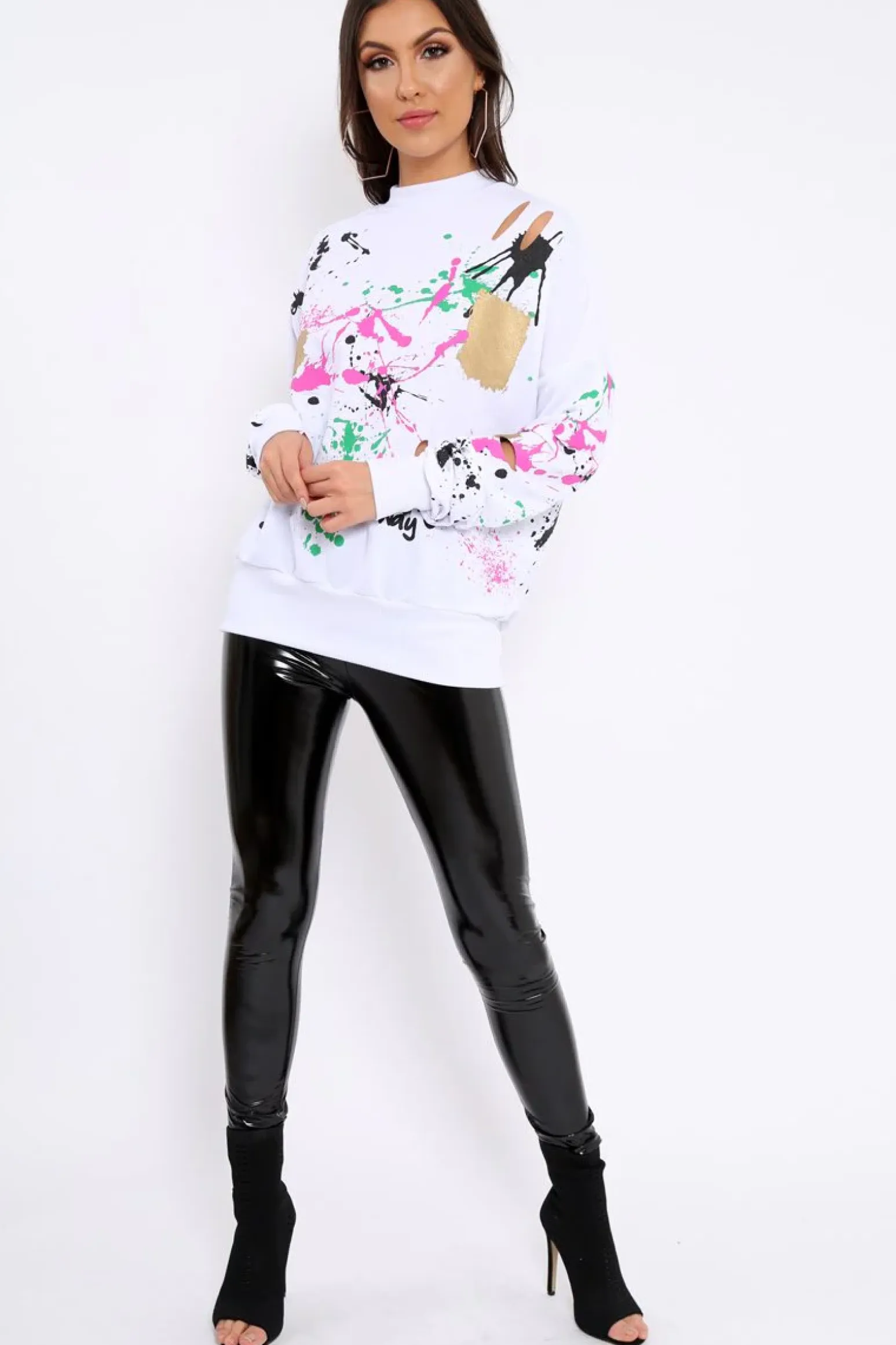 Rebellious Fashion White Distressed Paint Splatter Jumper - Mina