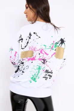 Rebellious Fashion White Distressed Paint Splatter Jumper - Mina
