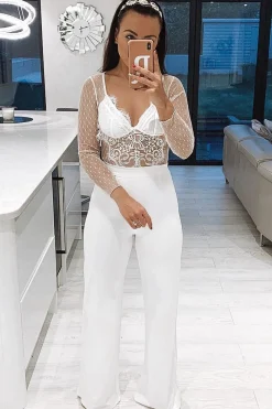 Rebellious Fashion White Dobby Mesh Low Cut Bodysuit - Tamara