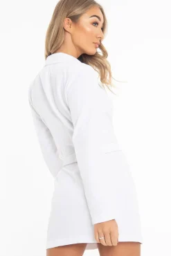 Rebellious Fashion White Double Breasted Button Front Belted Blazer - Enya