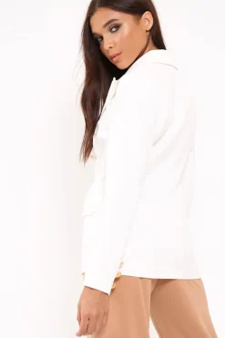 Rebellious Fashion White Double Gold Button Blazer - Meka