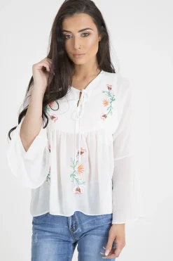 Rebellious Fashion White Embroidered Bell Sleeve Blouse - Felicia