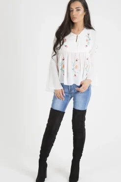Rebellious Fashion White Embroidered Bell Sleeve Blouse - Felicia