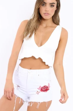 Rebellious Fashion White Embroidered Demin Shorts - Leo