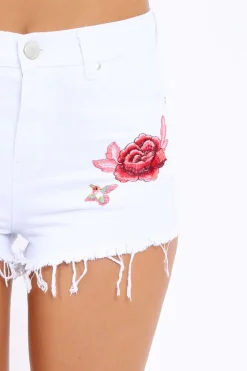 Rebellious Fashion White Embroidered Demin Shorts - Leo