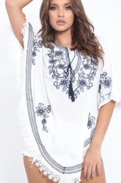 Rebellious Fashion White Embroidered Diamante Shape Kaftan - Kay