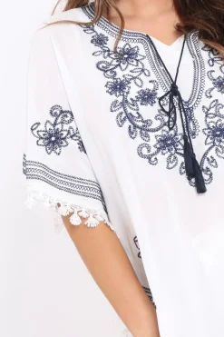 Rebellious Fashion White Embroidered Diamante Shape Kaftan - Kay